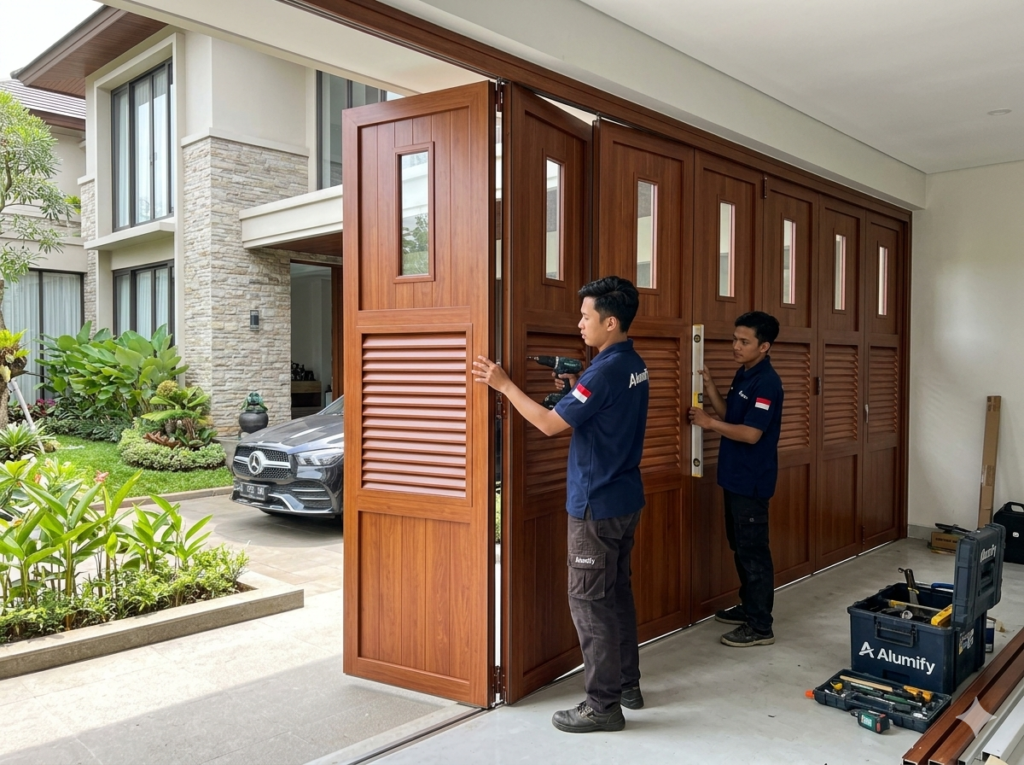 pemasangan folding gate pintu garasi lipat aluminium jakarta tangerang bekasi depok bogor
