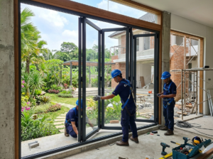 pemasangan folding gate pintu lipat aluminium kaca area taman di jakarta tangerang bekasi depok bogor