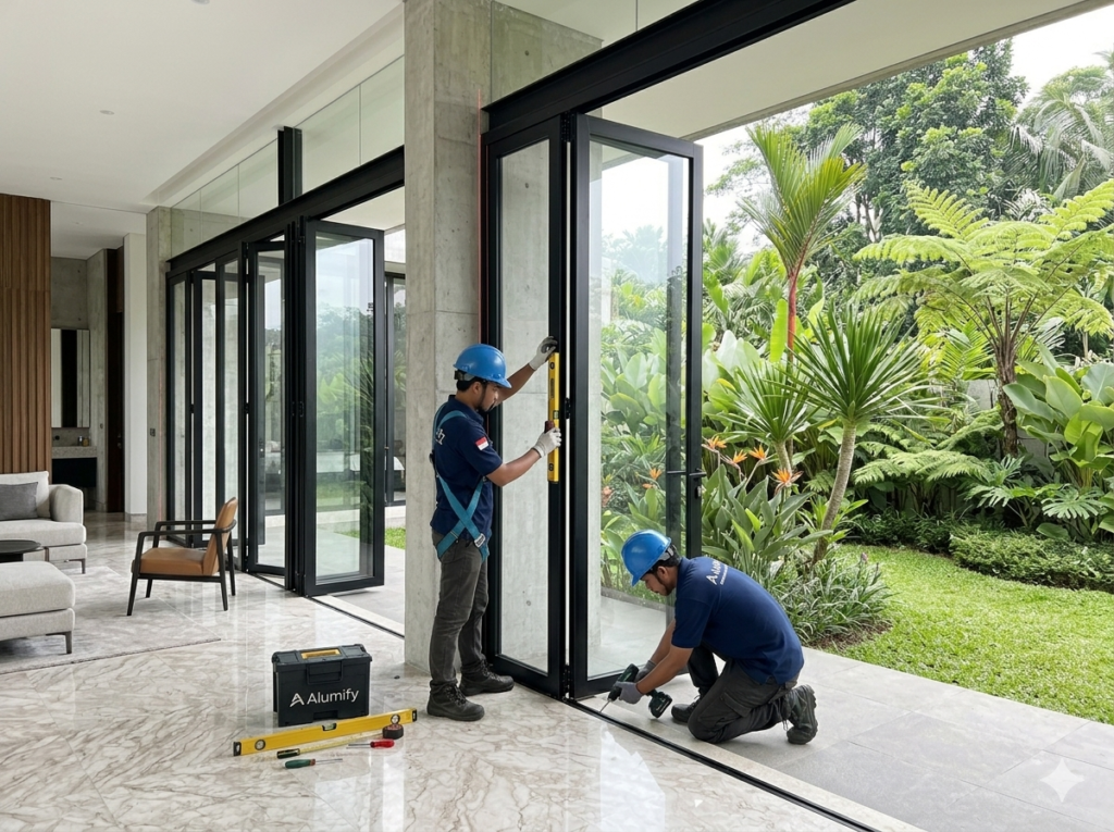 toko aluminum pemasangan folding gate pintu lipat aluminium kaca area taman di jakarta tangerang bekasi depok bogor2
